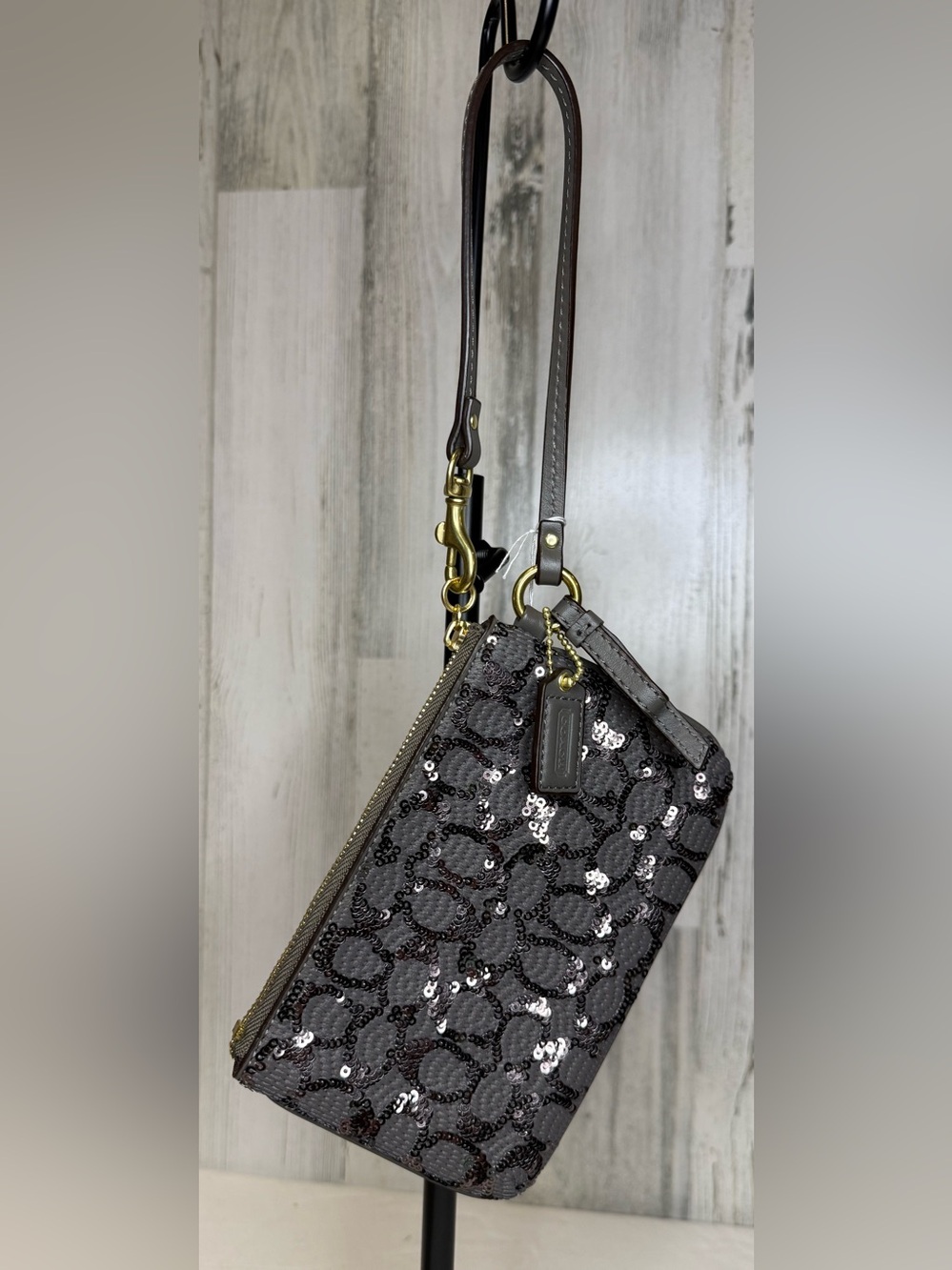 Coach Poppy Gray Sequin Wristlet Clutch w/ Leather Strap NWOT & Coach Dusty